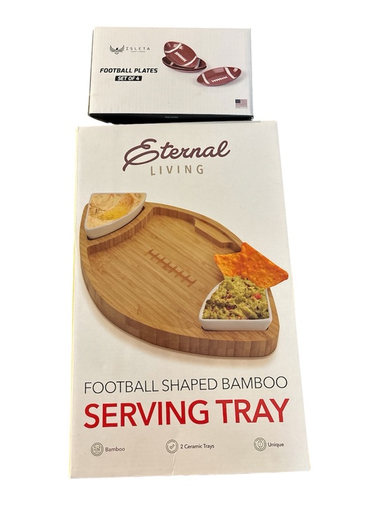 Eternal Living Other - Bamboo Football Shaped Serving Tray - Natural Brown with 4 Football Side Plates